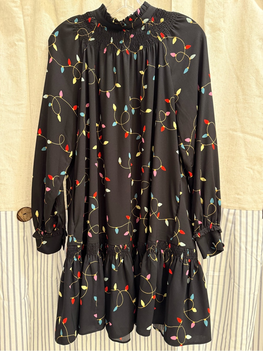 kate spade Black Holiday Lights Long Sleeve Smock Dress
